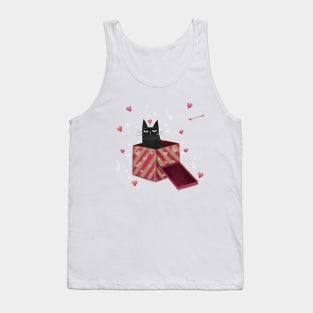 Happy valentines black cat. Cute cat and red hearts. Tank Top